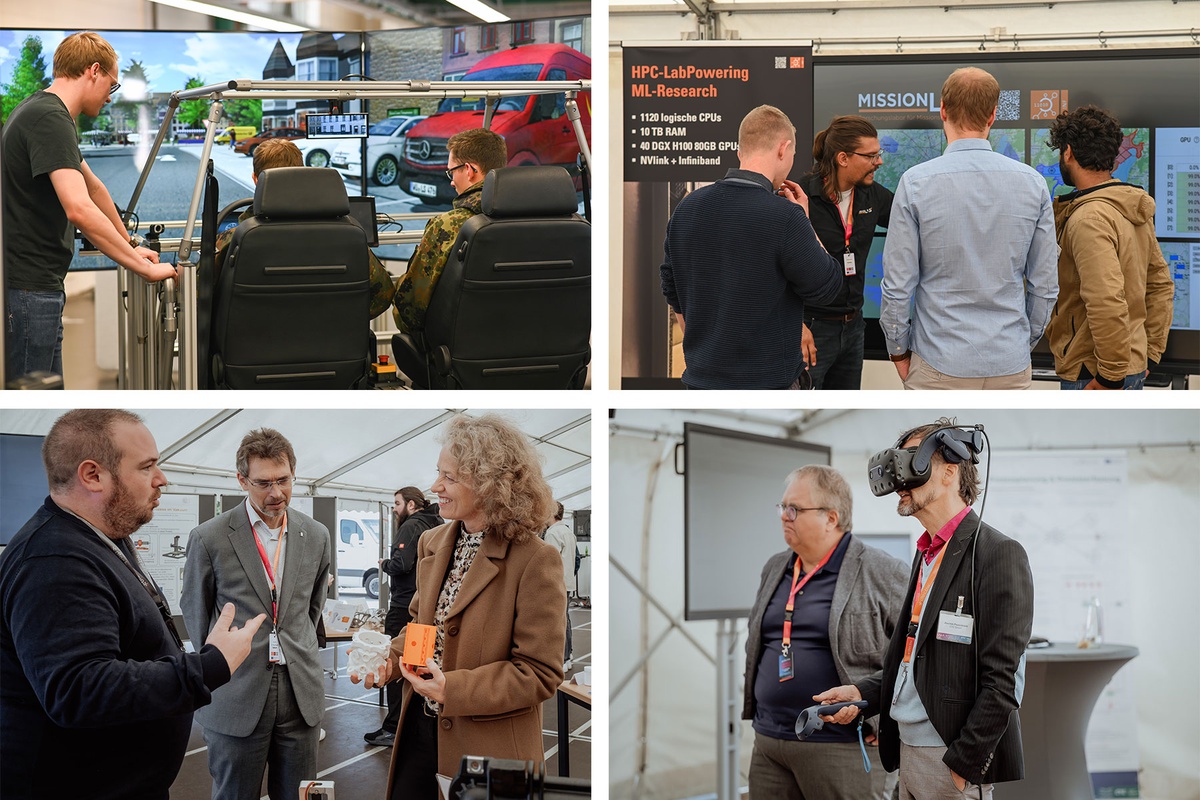 Collage aus vier Fotos. Oben links: zwei Männer sitzen in einem Autocockpit und schauen auf einen großen Bildschirm vor sich, der den Blick aus einem Auto heraus auf die Straße simuliert. Oben rechts: ein Mitarbeiter zeigt drei Besuchern, die mit dem Rücken zur Kamera stehen, etwas auf einem Bildschirm. Es geht um das Projekt Mission-Lab. Unten links: Prof. Kern, rechts im Bild, hält einen orangen Gegenstand in der Hand und hört einem Mann zu, der ihr gegenüber links im Bild steht und etwas erklärt. Zwischen ihnen steht Prof. Siebert. Rechts unten: zwei Männer schauen nach links aus dem Bild heraus, einer von ihnen trägt eine VR-Brille und hält ein Gerät in der Hand.