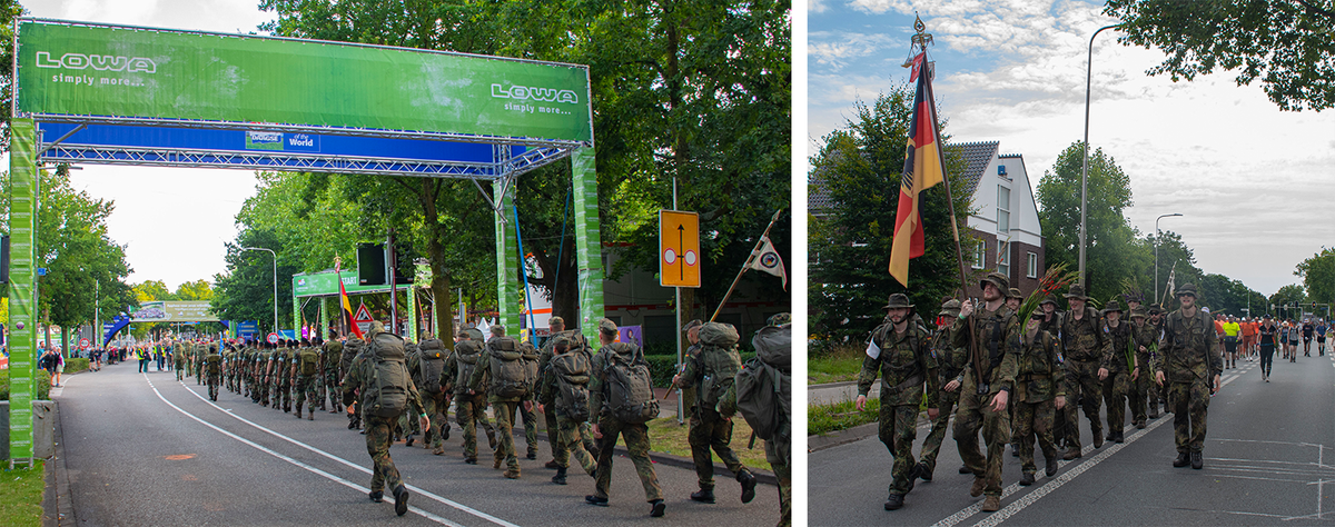 Collage aus zwei Bildern. Links: eine große Gruppe Soldatinnen und Soldaten von schräg hinten fotografiert marschiert auf einer Straße entlang und unter einem großen grün-blauen Tor aus Werbebannern hindurch. Rechtes Bild: die deutschen Marschierenden von vorne fotografiert laufen eine Straße entlang, sie tragen die deutsch Flagge und einige halten rote Gladiolen.