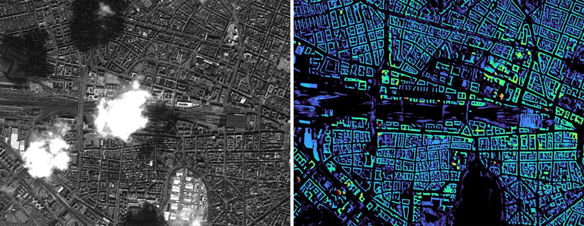 Collage aus zwei Bildern. Links: Ein schwarz-weißes Satellitenbild, das die Gegend um den Münchner Hauptbahnhof zeigt. Einzelne Wolken werfen schatten. Rechts: dieselbe Ansicht, aber in blau-grün-schwarz. Keine Wolken stören die Sicht.